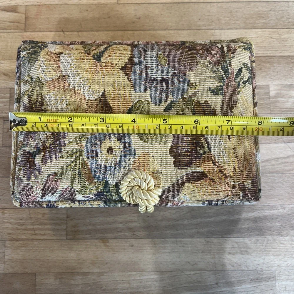 Vtg Fabric covered Jewelry Box Floral Mirror Tapestry Chest Grandma Core Cottage